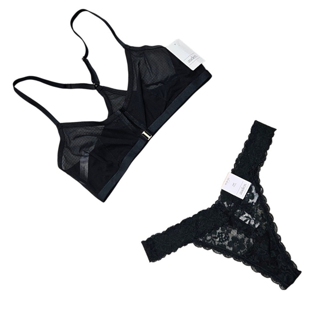 Auden Womens Black Mesh Bralette and Lace Thong Lingerie Set Size Medium M‎ 8-10